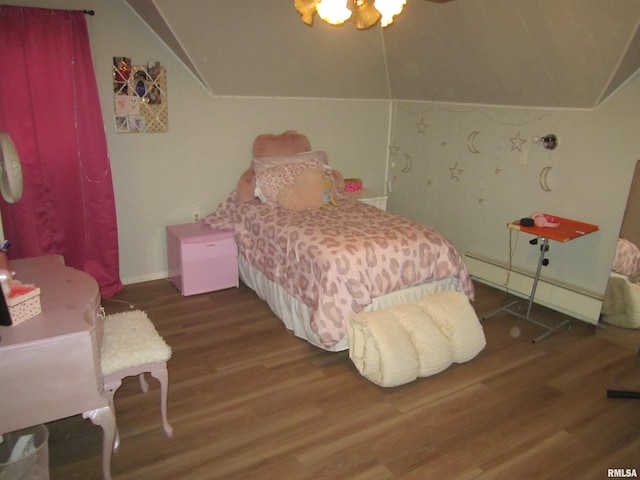 bedroom with baseboard heating, hardwood / wood-style floors, and lofted ceiling