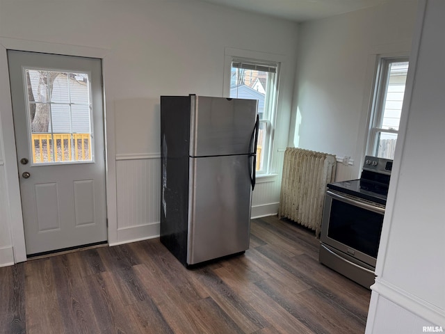 kitchen featuring stainless steel appliances and dark hardwood / wood-style floors