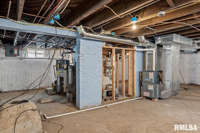 basement with heating unit, electric panel, and secured water heater