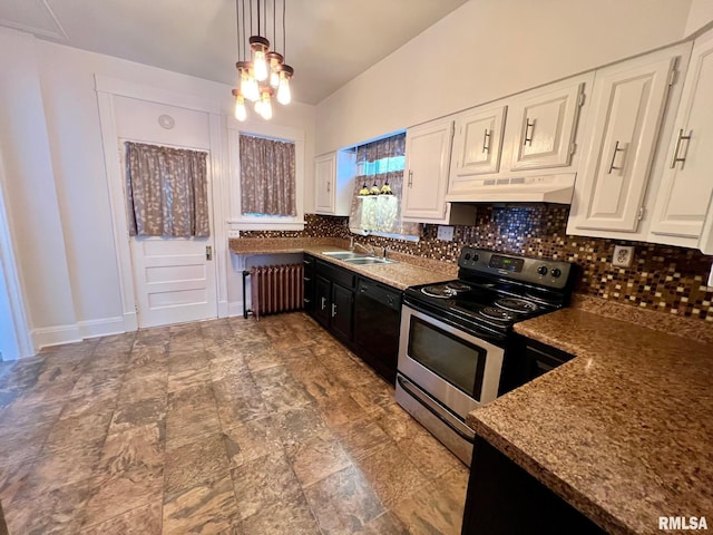 kitchen featuring ventilation hood, radiator heating unit, electric range, decorative light fixtures, and white cabinetry