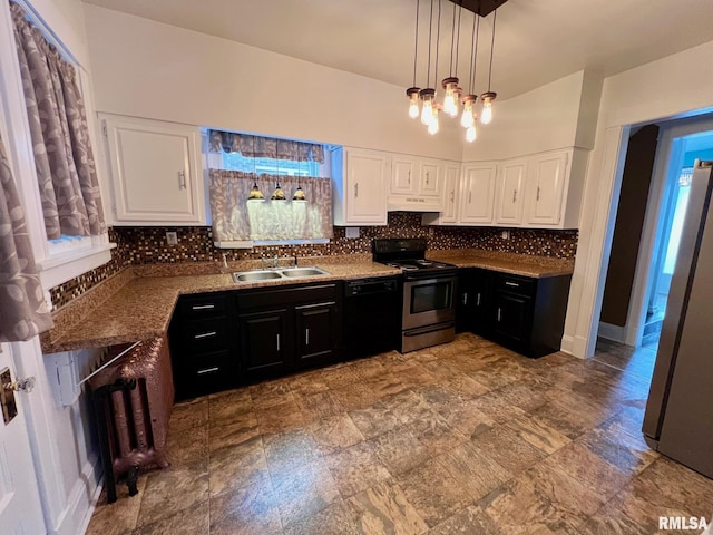 kitchen with white cabinets, sink, decorative light fixtures, custom range hood, and stainless steel appliances