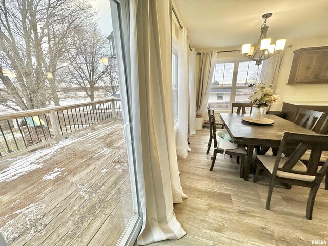 dining room with light hardwood / wood-style floors and an inviting chandelier