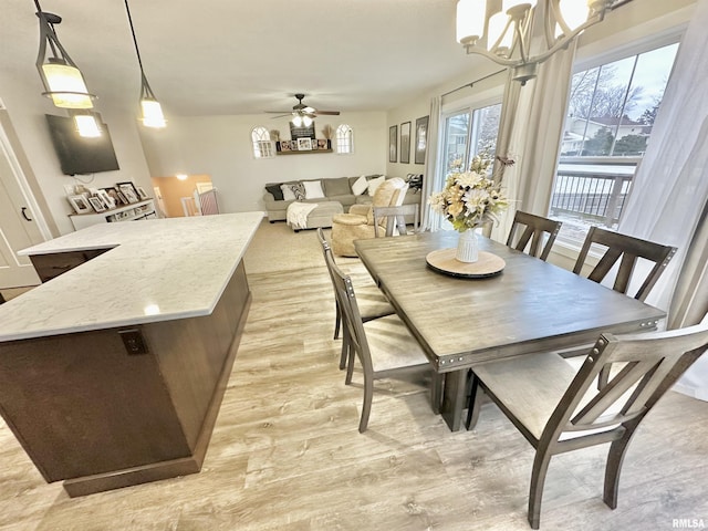 dining room with ceiling fan with notable chandelier and light hardwood / wood-style floors