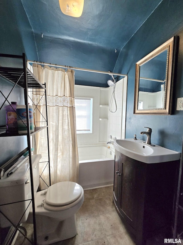 full bathroom with tile patterned flooring, shower / bath combo, vanity, and toilet