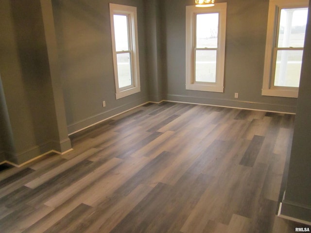 empty room featuring a healthy amount of sunlight and dark hardwood / wood-style flooring