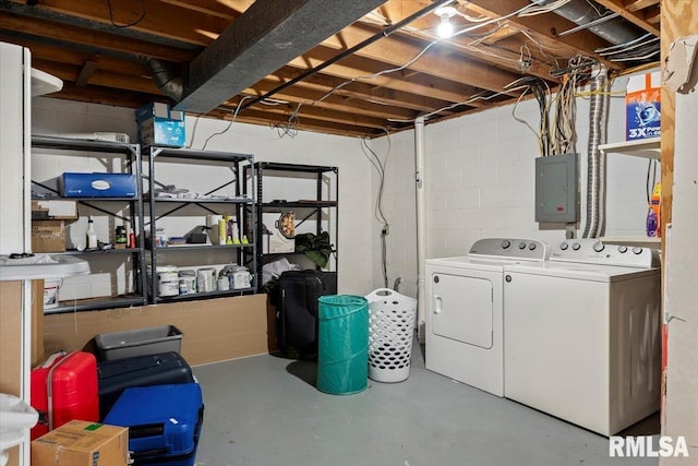 interior space featuring washing machine and clothes dryer and electric panel