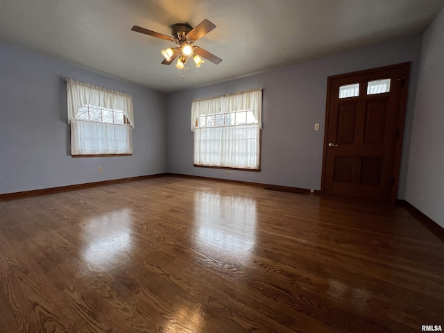 entrance foyer featuring plenty of natural light, ceiling fan, and dark hardwood / wood-style flooring