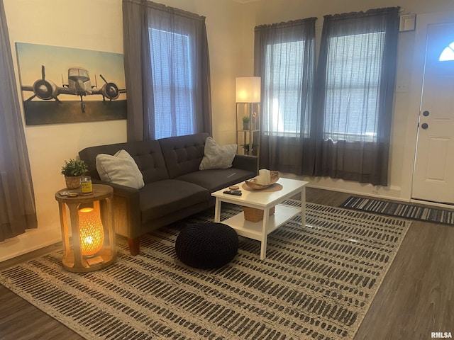 living room with dark hardwood / wood-style flooring