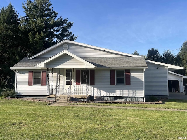 ranch-style house with a front yard and covered porch