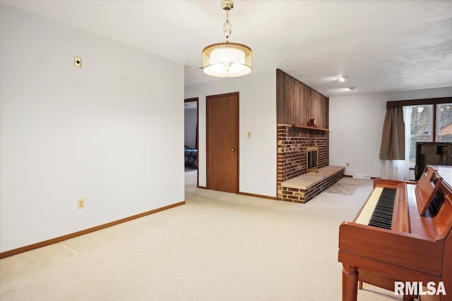 living room with light colored carpet and a fireplace