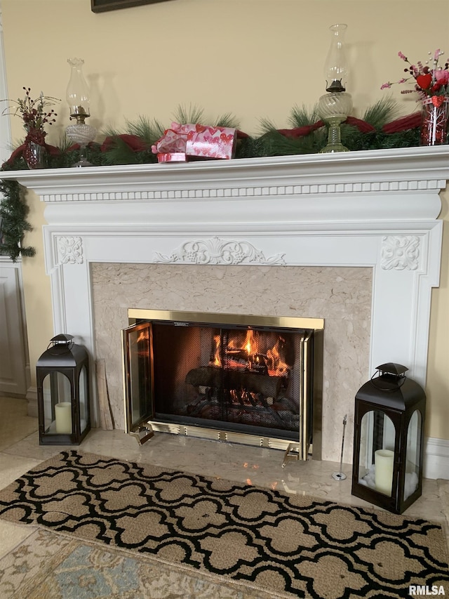 details featuring a premium fireplace