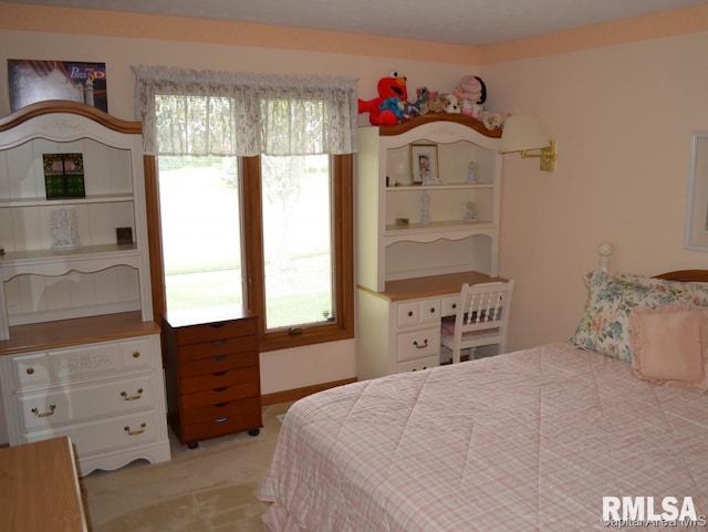 bedroom with light carpet