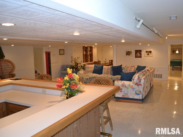 interior space with recessed lighting, visible vents, and stairway