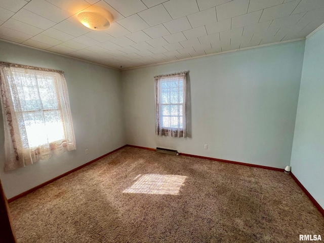 unfurnished room with carpet floors and ornamental molding