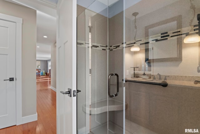 bathroom featuring walk in shower and wood-type flooring