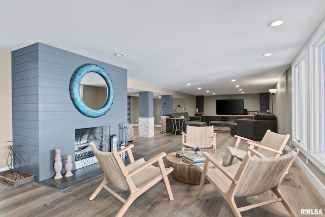 living room with wood-type flooring and a large fireplace