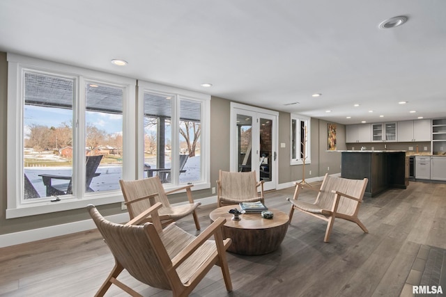 living room with light wood-type flooring and french doors