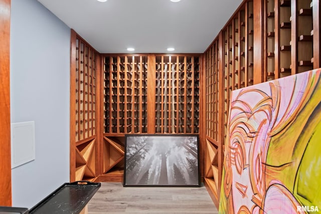 wine cellar with light hardwood / wood-style floors