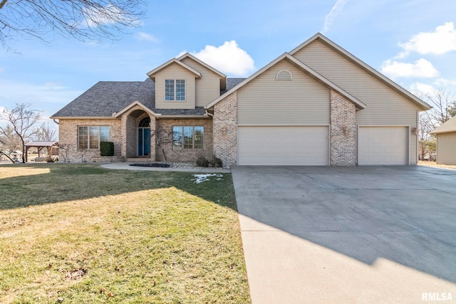 traditional-style home with an attached garage, brick siding, concrete driveway, roof with shingles, and a front lawn