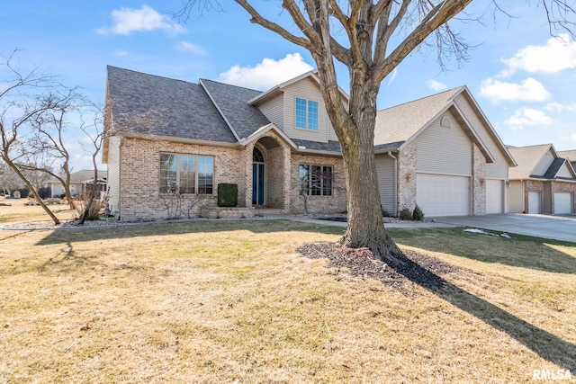 traditional-style home featuring concrete driveway, brick siding, an attached garage, and a front yard