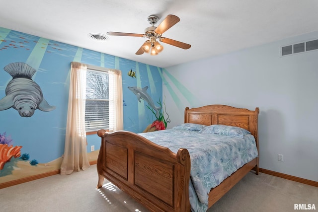 bedroom featuring visible vents, ceiling fan, light carpet, and baseboards