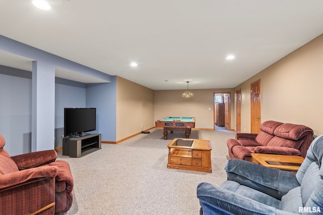 living room featuring recessed lighting, billiards, baseboards, and light colored carpet