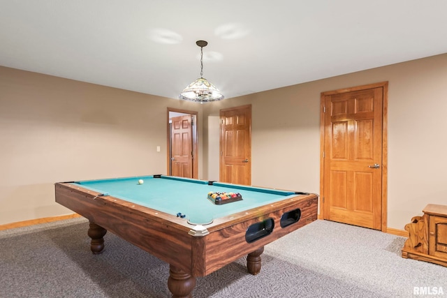 rec room featuring carpet, billiards, and baseboards