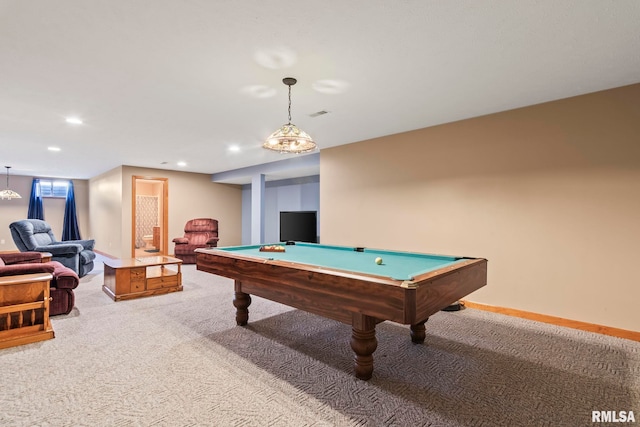 recreation room featuring recessed lighting, light colored carpet, billiards, and baseboards