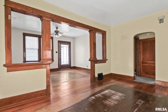 entryway featuring ceiling fan and dark hardwood / wood-style flooring