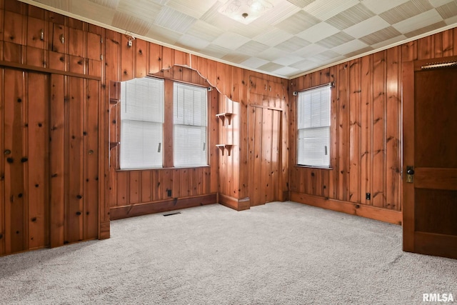 carpeted spare room featuring wooden walls