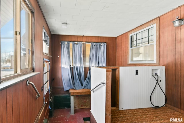 interior space featuring wood walls, dark colored carpet, and washer hookup