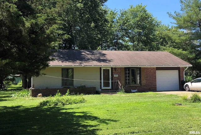 single story home featuring a front yard and a garage