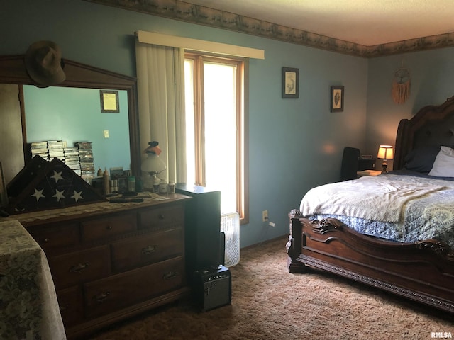 bedroom featuring dark carpet