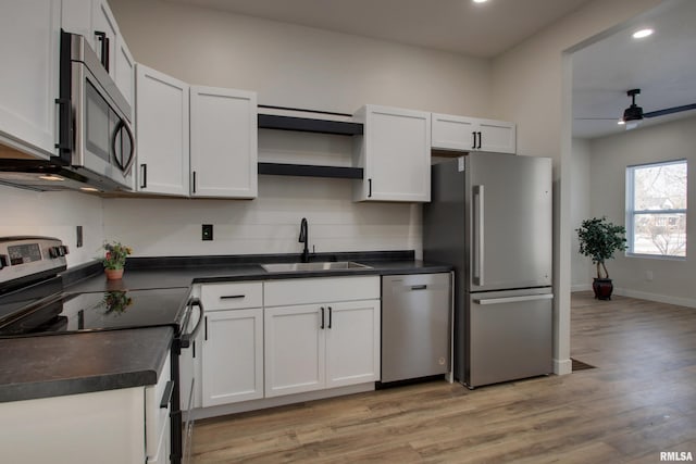 kitchen featuring ceiling fan, sink, white cabinets, and appliances with stainless steel finishes