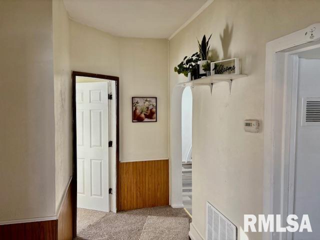 spare room with ceiling fan, a wealth of natural light, crown molding, and carpet flooring