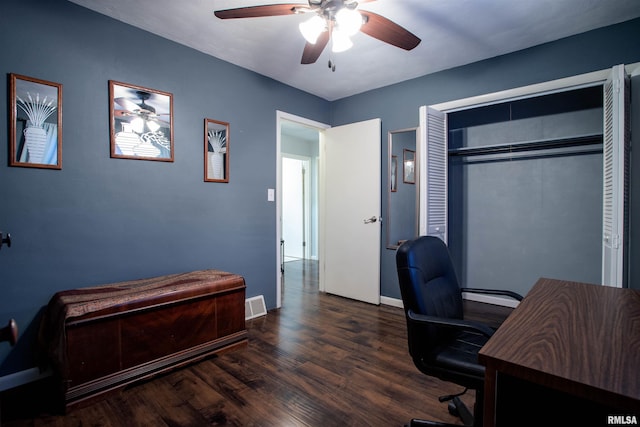 office area featuring ceiling fan and dark hardwood / wood-style flooring