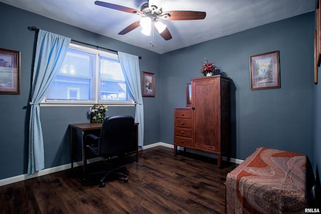 office with dark wood-type flooring and ceiling fan