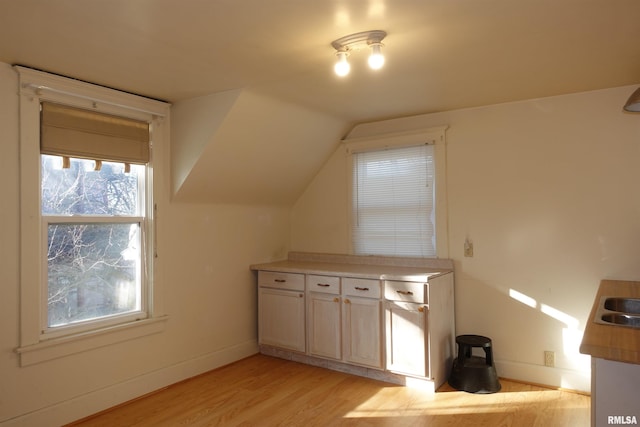 additional living space with lofted ceiling, light hardwood / wood-style flooring, plenty of natural light, and sink