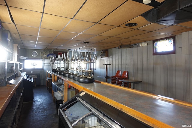 bar featuring a paneled ceiling, wood walls, and a healthy amount of sunlight