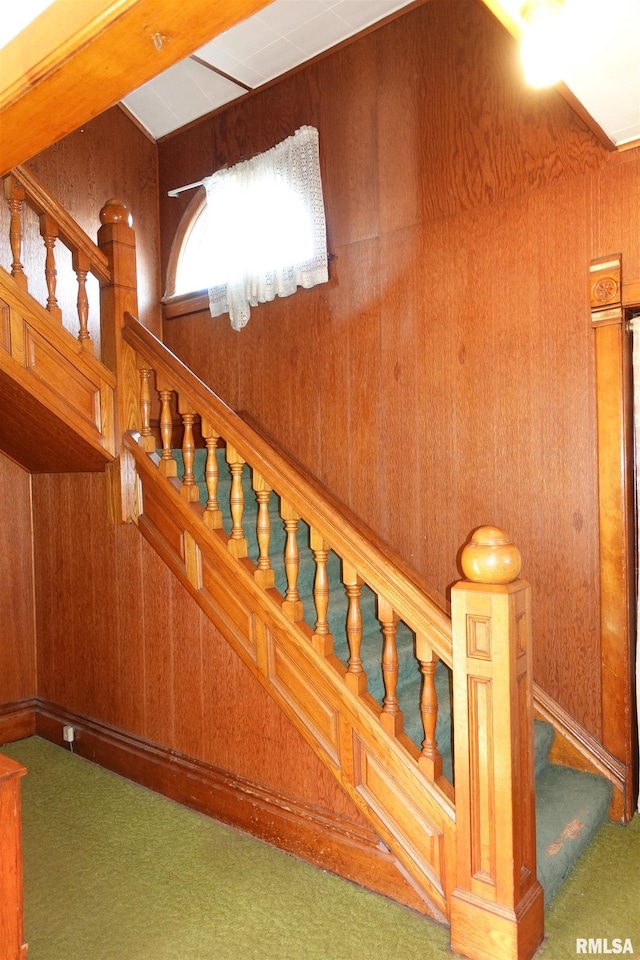 stairway featuring wood walls and carpet flooring