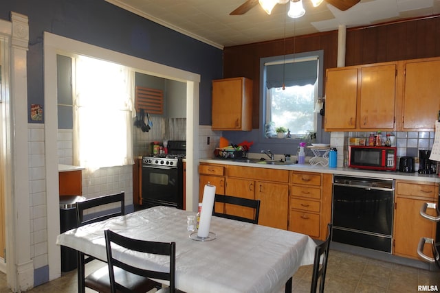 kitchen featuring black appliances, a wealth of natural light, ceiling fan, and sink