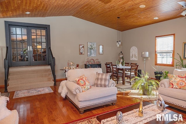 living room with french doors, wood ceiling, lofted ceiling, and wood-type flooring