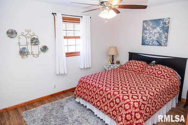 bedroom with ceiling fan and wood-type flooring