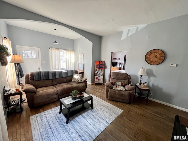 living room with dark hardwood / wood-style floors