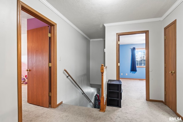 hall with crown molding, light carpet, and a textured ceiling