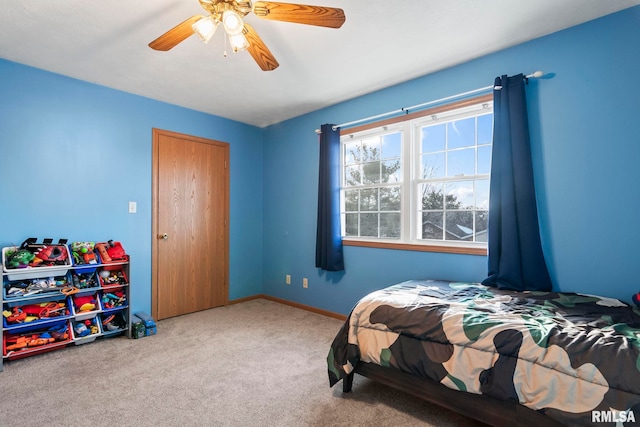 bedroom with carpet floors and ceiling fan