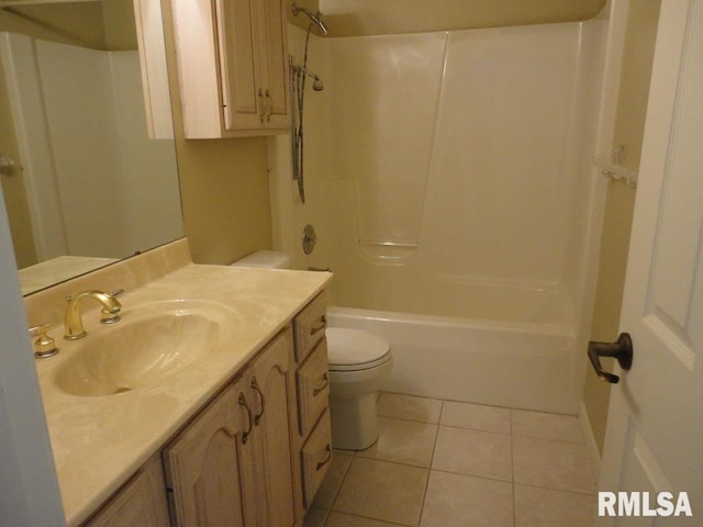 full bathroom featuring bathing tub / shower combination, toilet, vanity, and tile patterned flooring