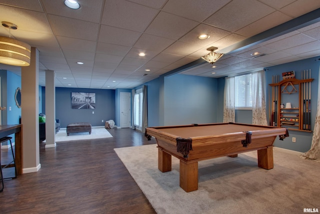 game room with dark hardwood / wood-style flooring and pool table