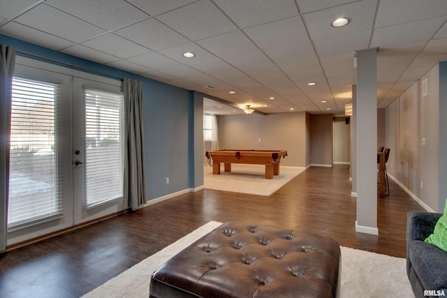 playroom with dark wood-type flooring, billiards, and french doors