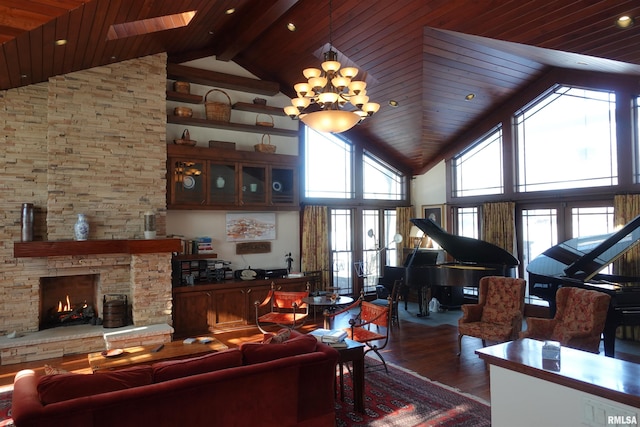 living room featuring a fireplace, dark wood-type flooring, high vaulted ceiling, and french doors